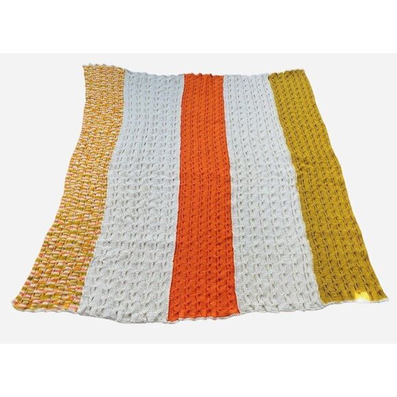 Vintage 1970s Cable Knit Handmade Afghan Throw Blanket Orange Cream Gold 67"x68" - Picture 2 of 7